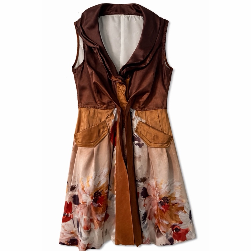 Samuel Dong Brown, Tan and Cream Floral Satin Midi Dress